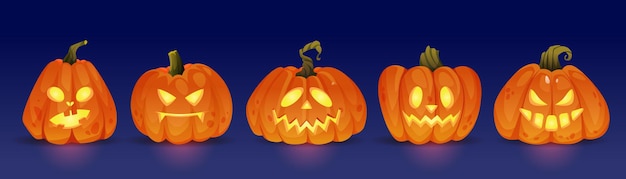 Good and evil glowing halloween pumpkin characters haunting jack o lanterns with light trick or