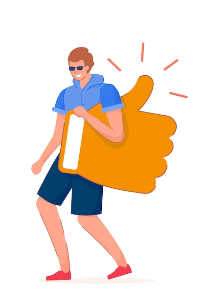 Good feedback. Young man blogger character carrying like thumbs-up symbol walking  on white background. Positive feedback and good recognition  illustration