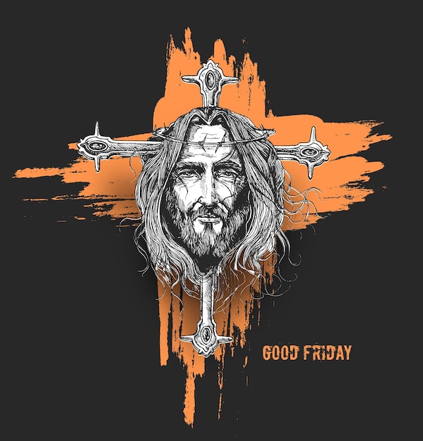 Good friday and Easter Jesus Face on The Cross Sketch Vector illustration