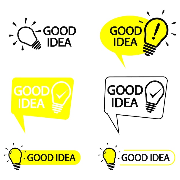 Good idea, sign. Symbols with lettering good idea with light bulb. Trendy flat vector on white background. Solution symbol, lamp icon, idea. Vector illustration