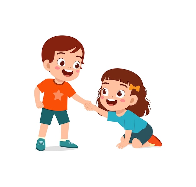 Good little kid helping friend that falling on the floor