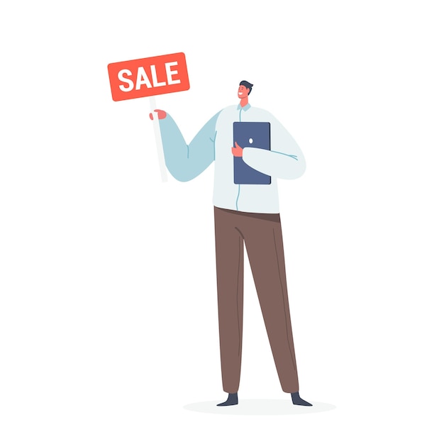 Good Looking Adult Man Retailer, Consultant Business Character Wearing Formal Clothes Holding Tablet Pc and Sale Banner in Hands Isolated on White Background. Cartoon People Vector Illustration