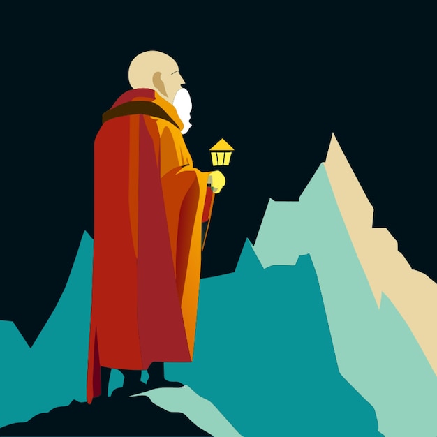 Vector an good looking old wise man standing alone on a mountain peak symbolizing isolation and