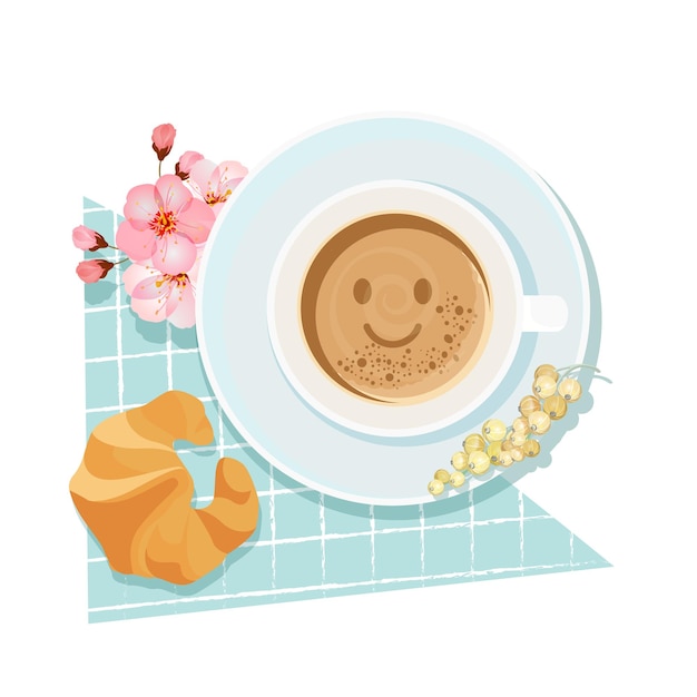 Good morning breakfast with coffee cup and croissant design background. Vector illustration