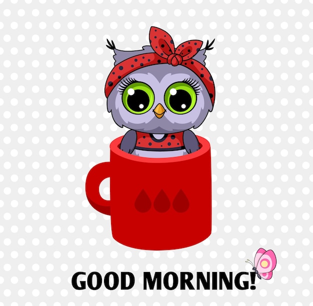 Good morning card with cute owl in coffee mug on polka dot pattern Cartoon funny pop style fashion wild bird Trendy stylish vector illustration of owl bird coffee morning