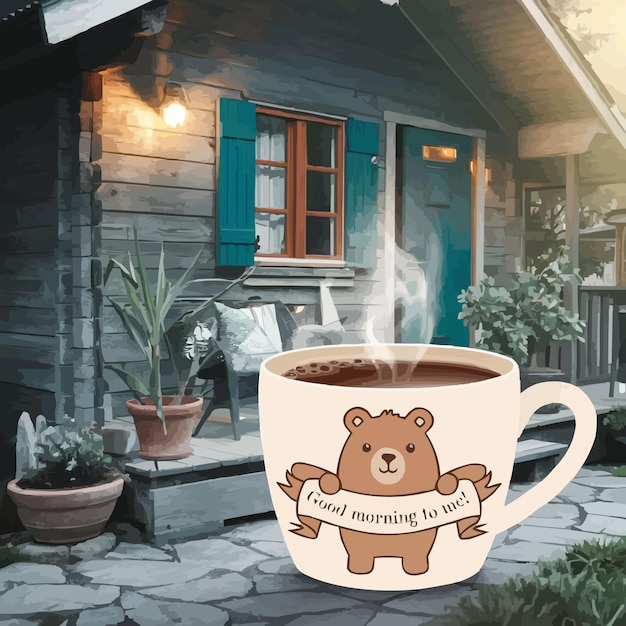 Vector good morning greeting with steaming coffee and cute bear illustration