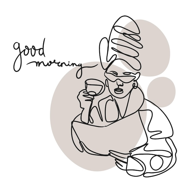 Good morning one line drawing girl with a cup of coffee fashion