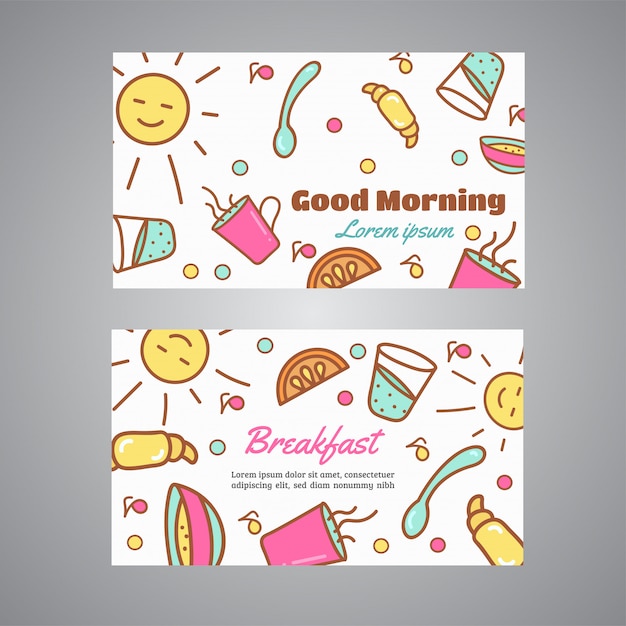 Good Morning text. Breakfast slogan. Cafe, bakery concept business card. Coffee and tea vector design