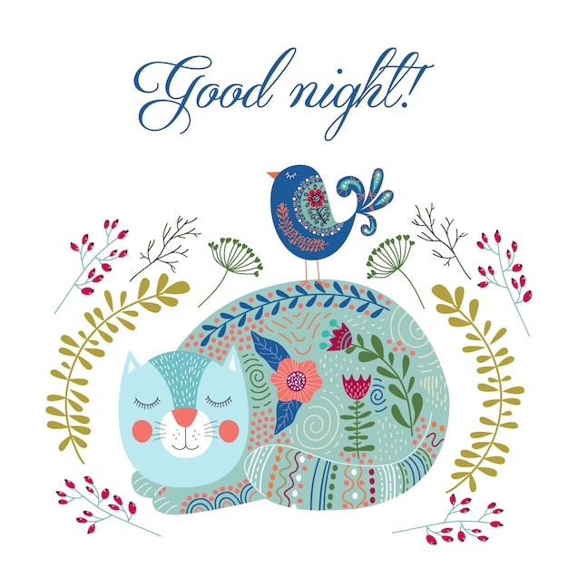 Good night. Art vector colorful illustration with cute cat, bird and flowers.