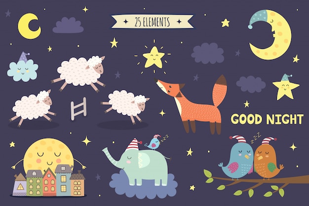 Good night isolated elements for your design. Sweet dreams clipart collection. 