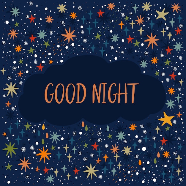 Good night phrase on the background of the colourful starry sky Night vector illustration