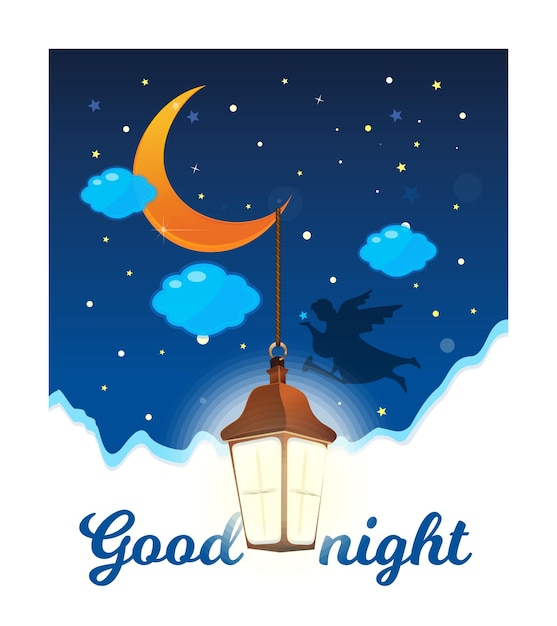 Good night Poster with wishes An angel flies in the night sky