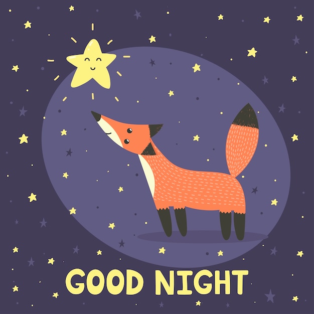 Good night with cute fox and star. Vector illustration