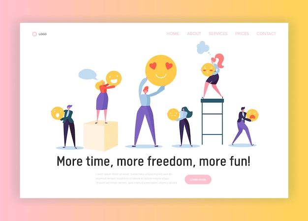 Good Teamwork Organization Concept Landing Page. Funny Male and Female Character Holding Smiley in Hand. Happy Business Manager People Website or Web Page. Flat Cartoon Vector Illustration