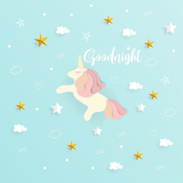 Goodnight with cute unicorn and cloud