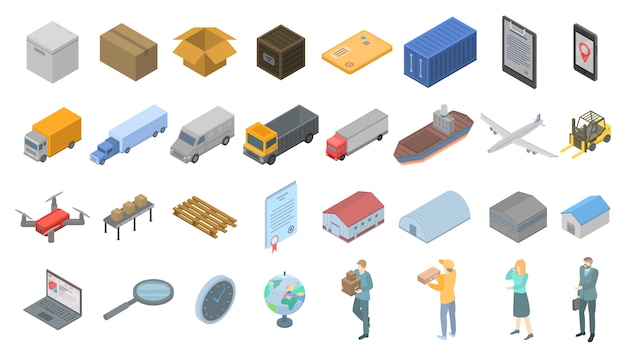 Goods export icons set, isometric style