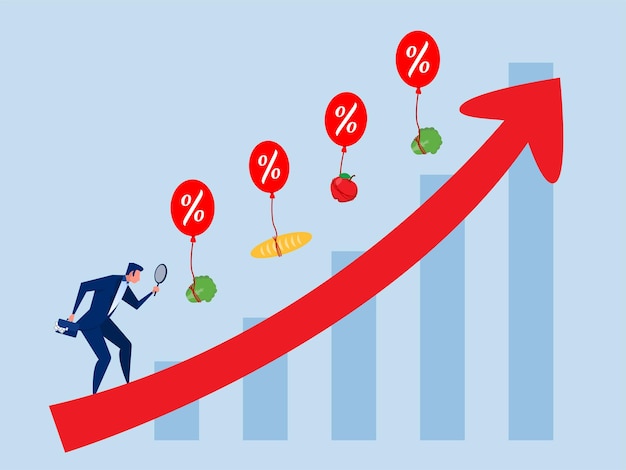 Vector goods inflation businessman analysis with rising food price crisisprices of commodities