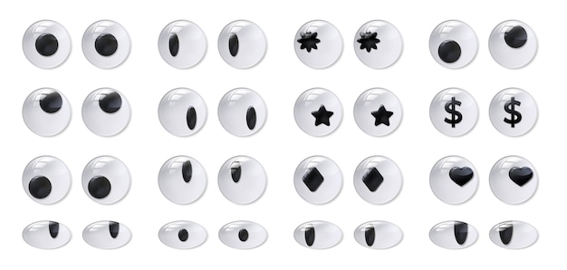 Googly eyes Plastic eye self adhesive funny toy doll moving eyeball and goofy fool look realistic 3D isolated vector set