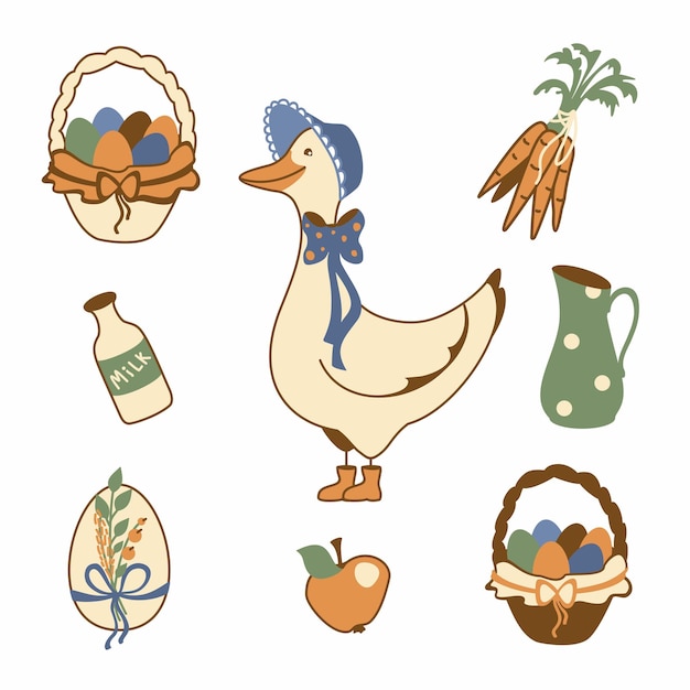 Goose farm animal Farmers market village life organic product Set illustration Vector