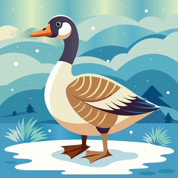 Vector a goose is standing in a snowy field with a sky background