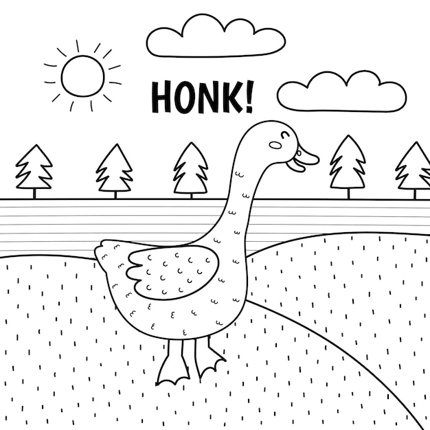 Goose saying honk black and white print Cute farm character on a green pasture making a sound Funn