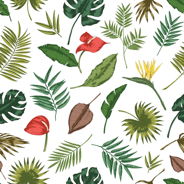 Gorgeous botanical seamless pattern with tropical foliage. Backdrop with leaves of jungle plants and exotic palm branches. Natural realistic vector illustration for textile print, wrapping paper.