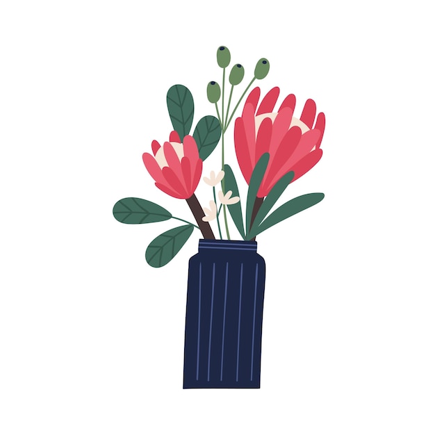 Gorgeous bouquet with protea and decorative branches in vase vector flat illustration. Beautiful blooming flowers composition with leaves and stem isolated on white. Blossom plants and herb.