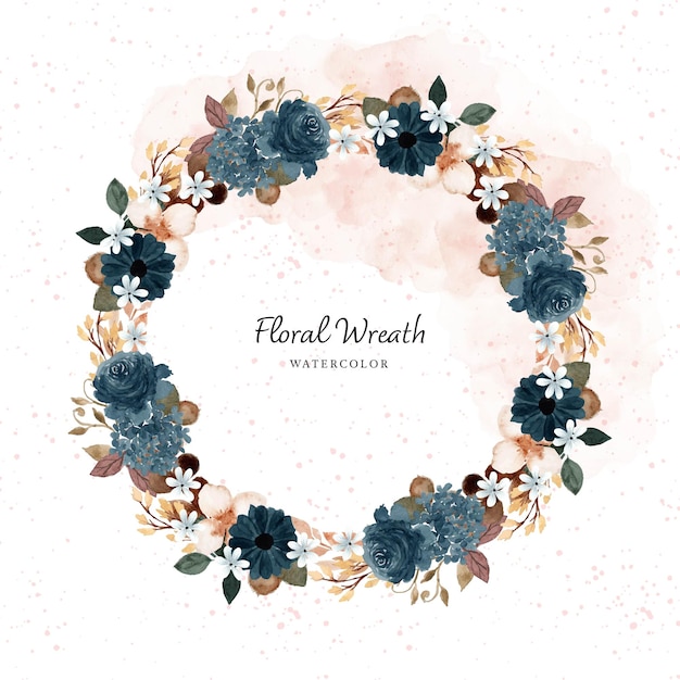 Gorgeous Rustic Blue Watercolor Floral Wreath With Abstract Stain