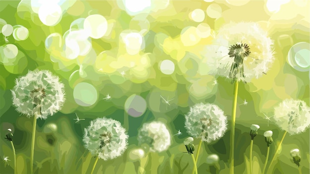 Vector gorgeous white dandelions on green background