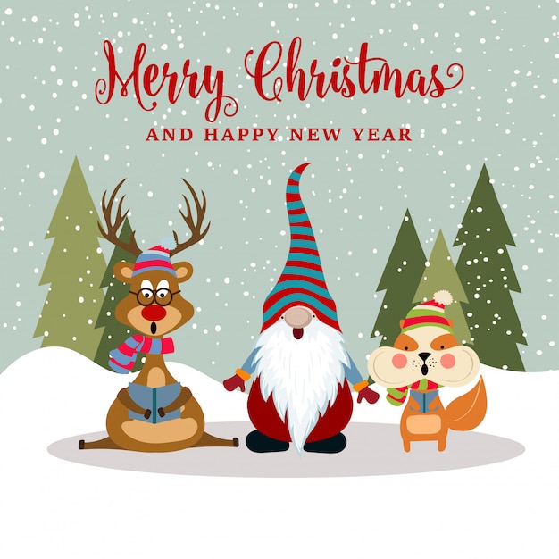 Gorgeousl flat design Christmas card with reindeer, squirrel and gnome 