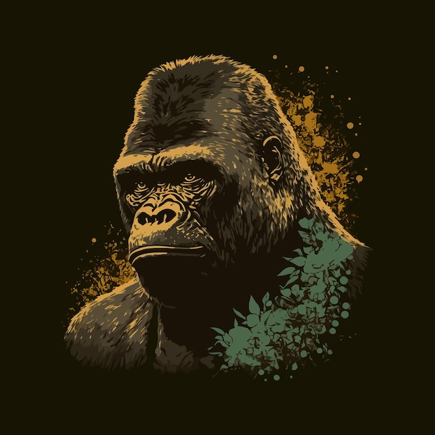 Gorilla black background closeup yellow lighting jungle zoo strength screams leader king growl dangerous fangs hunter monkey muscular wild artistic concept vector illustration