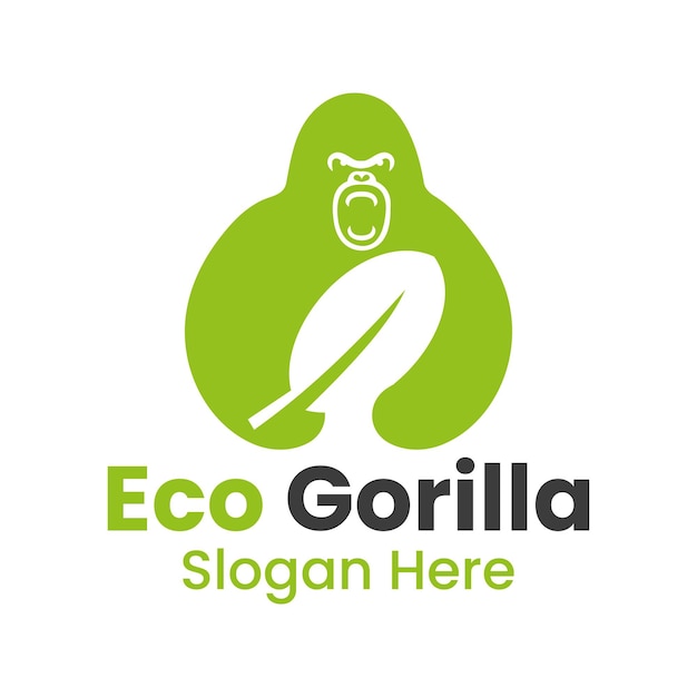 Gorilla Eco Logo Negative Space Concept Template. Gorilla Holding Leaf Symbol