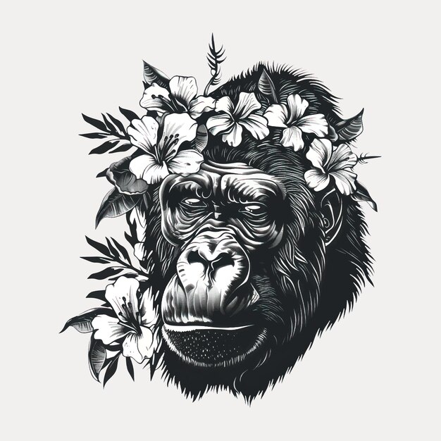 Vector gorilla floral monochrome illustration