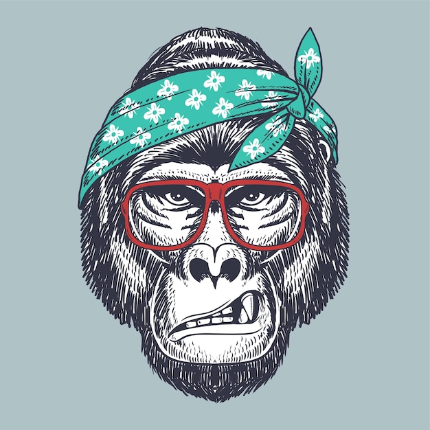 Vector gorilla hand drawn wearing a red glasses and bandana