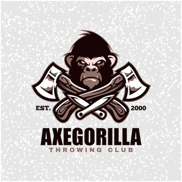 Gorilla head with axes and knifes, throwing club logo. 