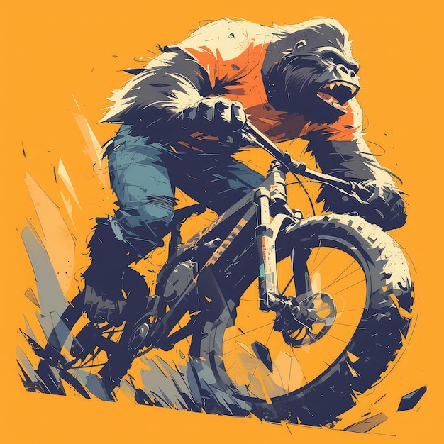 A gorilla riding a bicycle cartoon style