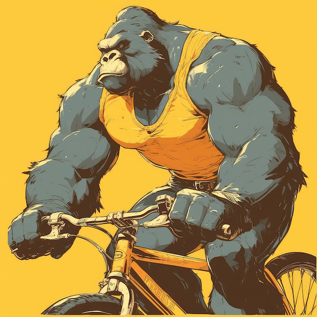 A gorilla riding a bicycle cartoon style