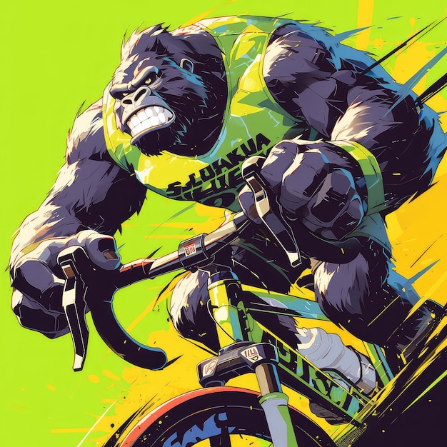 A gorilla riding a bicycle cartoon style