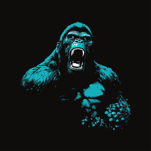 Gorilla stylish illustration bold design dark background blue color vector angry growls rage power king monkey comic dangerous flat jungle creativity concept Vector illustration