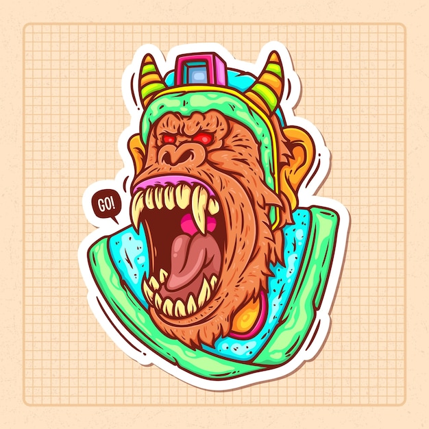 Gorilla Warrior Hand Drawn Color Vector Doodle Illustration