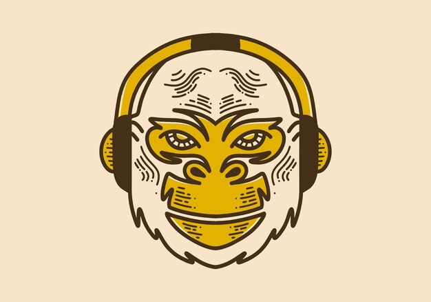 Gorilla wearing headphones retro vintage line art