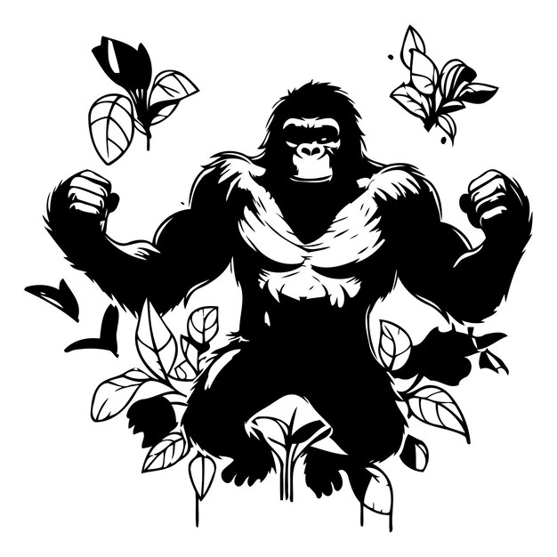 Gorilla with green leaves and grunge background Vector illustration