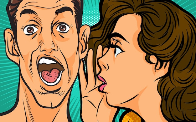 Gossip woman whispering secret or news in ear of surprised person in pop art retro comic style.