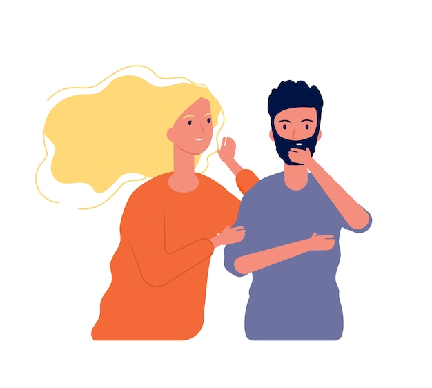 Gossiping male female. Woman speaking with man to ear some secrets whispering vector characters. Illustration female and male, people gossip communication