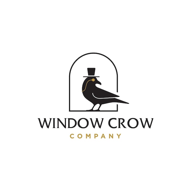 gothic church logo black raven crow with golden monocle glasses and bowler top hat in a window icon