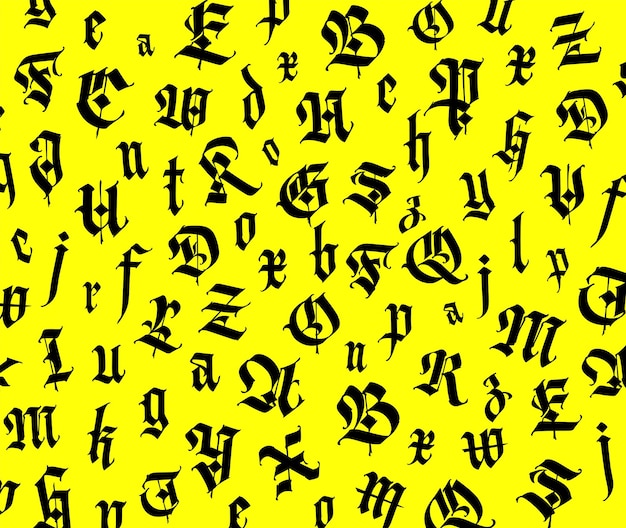 Gothic font composition Black letters isolated on yellow background