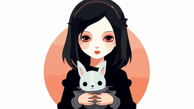 Vector gothic girl holding toy rabbit in haunted setting