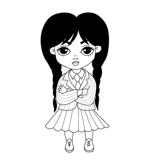 Gothic little cute girl with braids Vector illustration Hand drawn