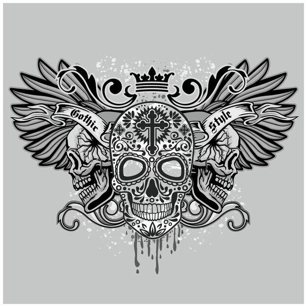 Gothic sign with skull and wings, grunge vintage design t shirts