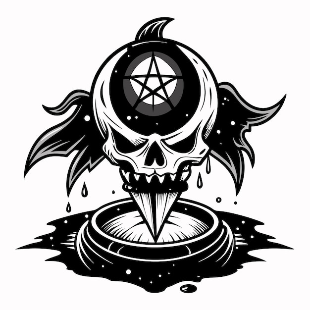 Gothic Skull Tattoo Design with Pentagram and Wings in Black and White